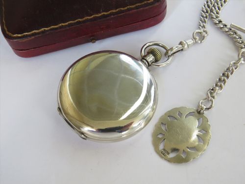 fig 3. Benson silver hunter pocket watch, chain & box