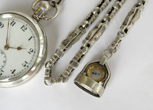 fig 1. Antique silver 1919 Selezi pocket watch and chain