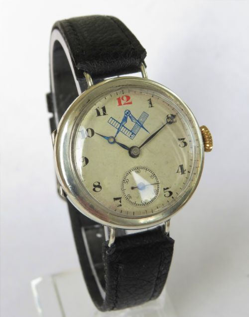 fig 1. Antique Masonic silver Marvin trench watch, 1915