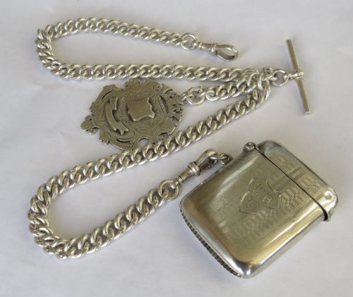 Antique 1909 Silver Double Watch Chain with Vesta