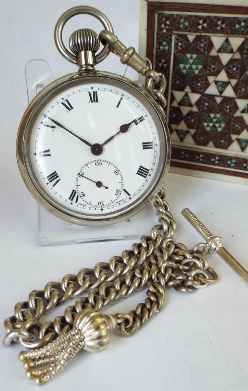 1930s Nickel Pocket Watch and Chain.