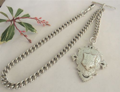 Antique Heavy Silver Single Watch Chain and Fob