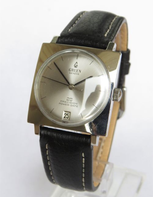 fig 1. Gents 1960s Gruen Precision 25 power date wrist watch.