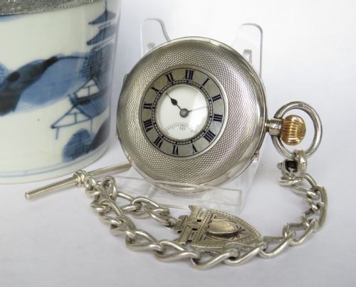Rotherhams Silver Half Hunter Pocket Watch & Chain