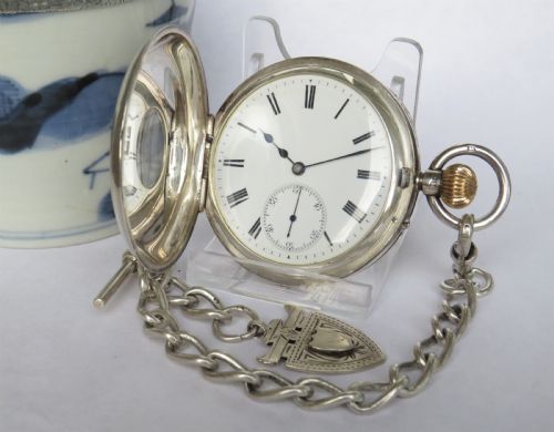 fig 1. Rotherhams silver half hunter pocket watch & chain