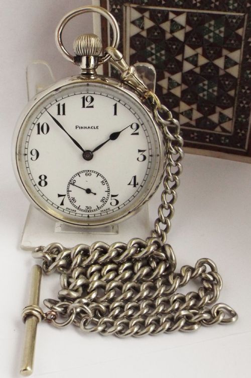 A 1920s Pinnacle Stem Winding Pocket Watch with Chain.