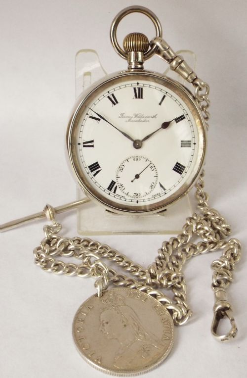 Antique 1918 Silver James Wadsworth Pocket Watch and Albert.