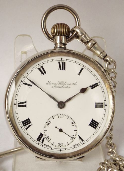 fig 1. Antique 1918 silver James Wadsworth pocket watch and albert.