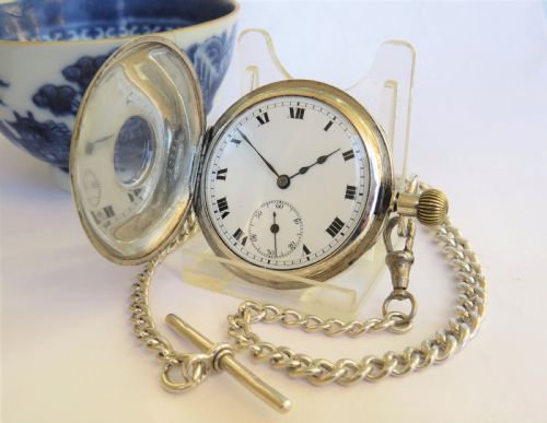 fig 1. Antique silver Electa half hunter pocket watch & chain