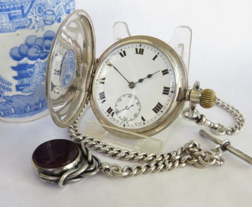 Antique Silver Cyma Half Hunter Pocket Watch and Chain