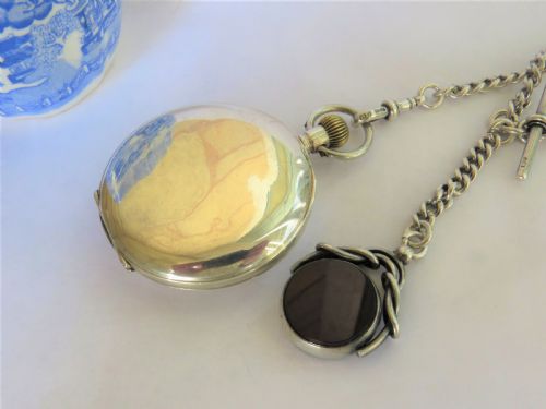 fig 4. Antique silver Cyma half hunter pocket watch and chain