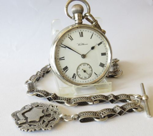fig 1. Antique silver Waltham pocket watch & chain
