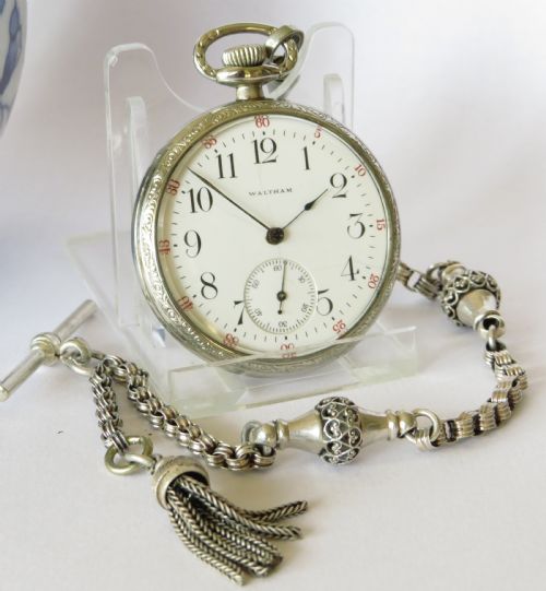 fig 1. Antique Waltham pocket watch and albertina