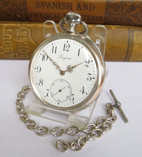 Antique Silver Longines Pocket Watch and Chain