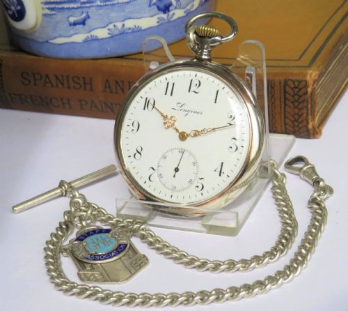 Antique Silver Longines Pocket Watch and Chain