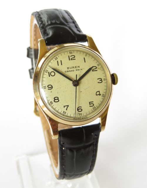 fig 1. Gents 9ct gold Buren Grand Prix wrist watch, 1953