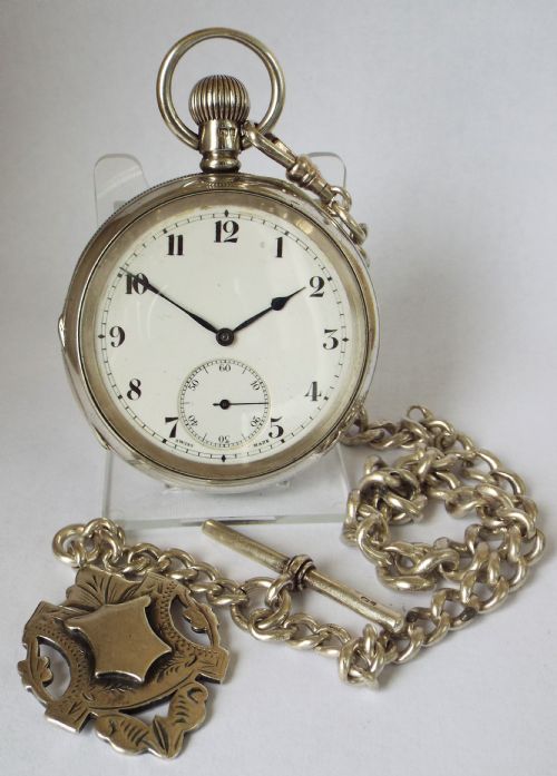 Antique 1909 Silver Cyma Pocket Watch & Chain.