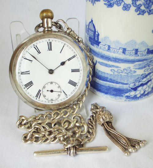 Antique Silver Omega Pocket Watch & Chain, C1910s.