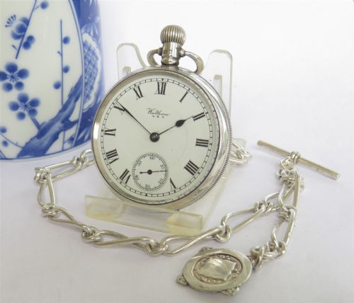Antique Silver Waltham Bartlett Pocket Watch & Chain