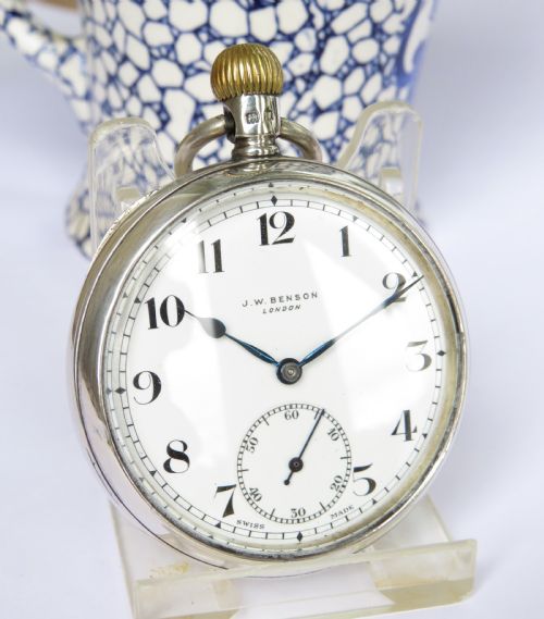 fig 1. A 1932 silver Tavannes Cyma pocket watch for J W Benson.