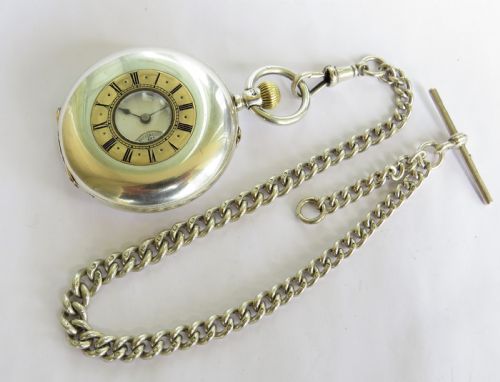Antique Silver Half Hunter Pocket Watch and Chain