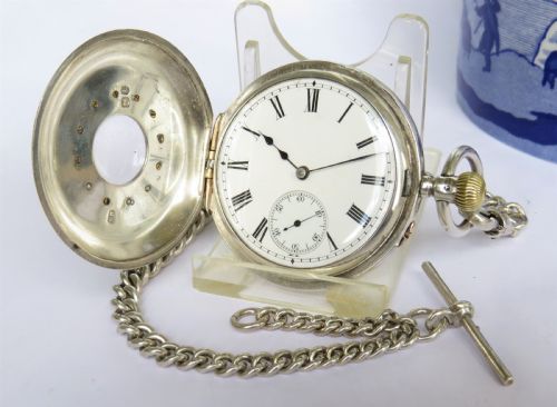 fig 1. Antique silver half hunter pocket watch and chain