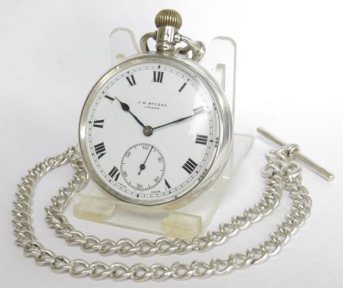 Silver Cyma Pocket Watch for J W Benson and Chain