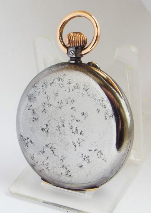fig 1. Antique Longines gun metal pocket watch retailed by Jays London.