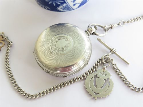 fig 1. Antique English silver pocket watch & chain, retailed by T A Henn Wolverhampton