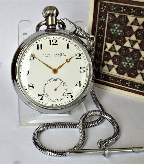 A Vintage 1930s H Samuel Acme Lever Pocket Watch & Chain.