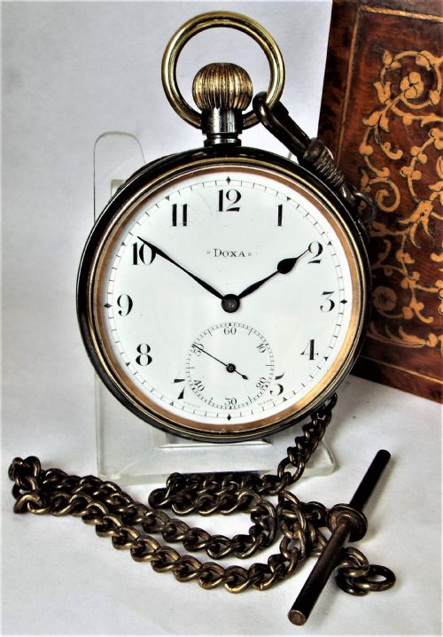 Antique Gun Metal Doxa Pocket Watch with Chain.