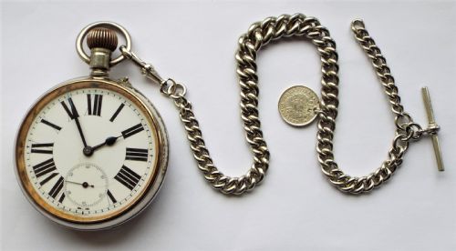 fig 1. Antique Goliath pocket watch and chain, circa 1910s.