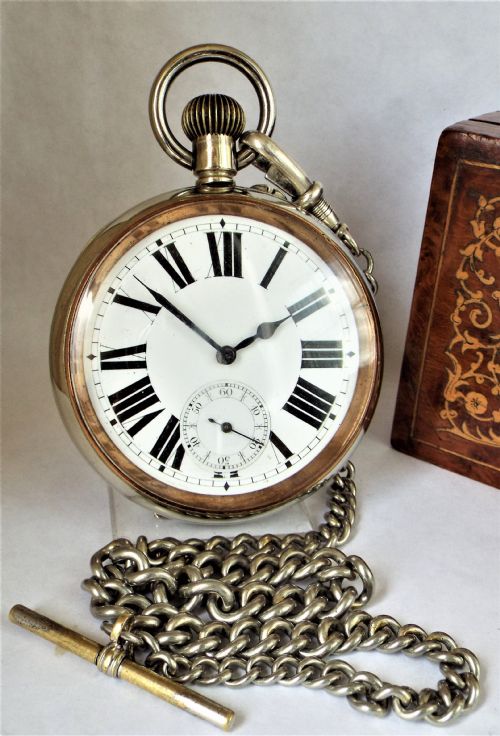 Antique Goliath Pocket Watch and Chain, Circa 1910s.
