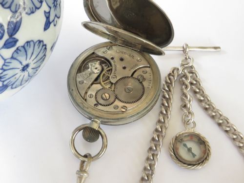 fig 1. 1930s Omega pocket watch, chain and compass fob
