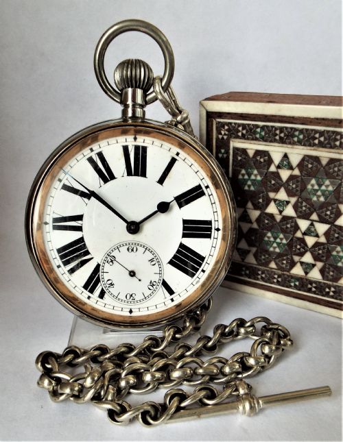 Antique Goliath Pocket Watch and Chain, Circa 1910s.