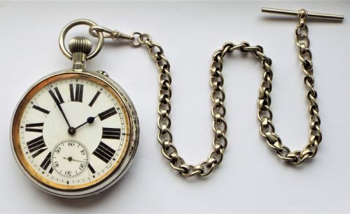 fig 1. Antique Goliath pocket watch and chain, circa 1910s.