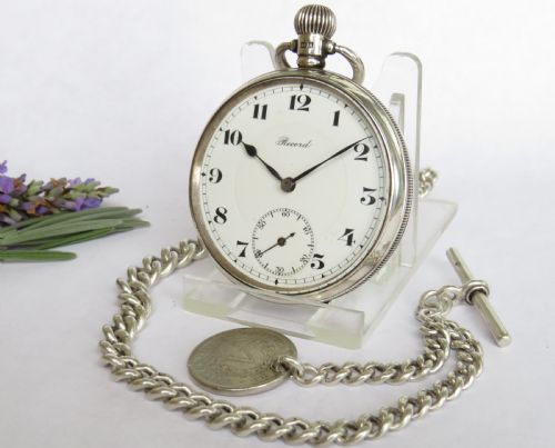 Antique 1925 Silver Record Pocket Watch and Chain