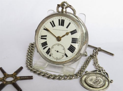 Antique Silver Pocket Watch, Chain & Cricket Fob