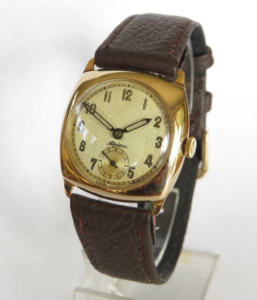9ct Gold Cushion Cased Alpina Wrist Watch, 1945