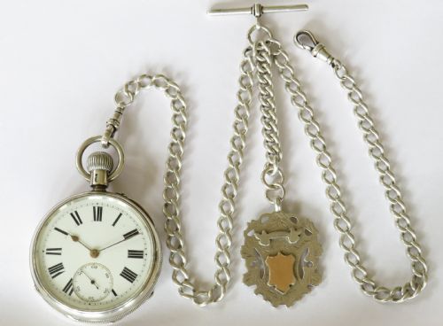 fig 1. Antique silver Ehrhardt pocket watch & albert