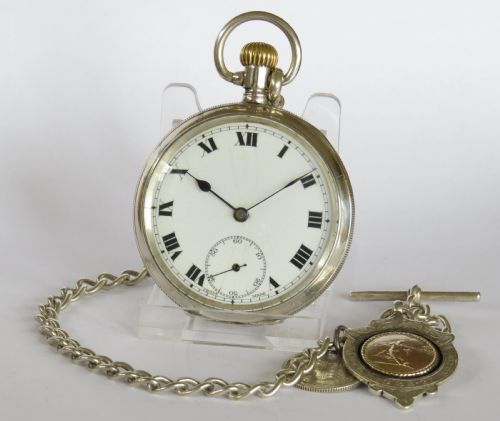 Antique Silver Pocket Watch, Chain & Football Fob