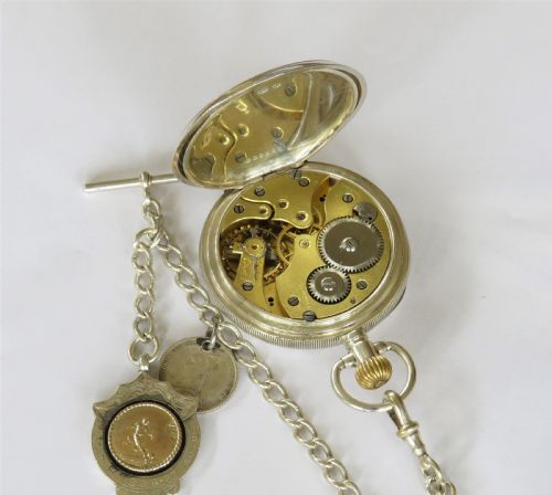 fig 1. Antique silver pocket watch, chain & football fob