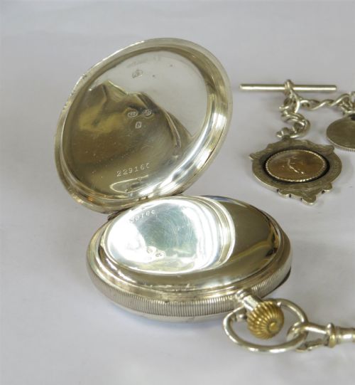 fig 2. Antique silver pocket watch, chain & football fob