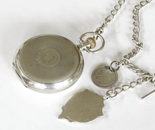 fig 3. Antique silver pocket watch, chain & football fob