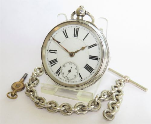 Antique Swiss Silver Pocket Watch & Chain, 1904