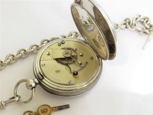 fig 1. Antique Swiss silver pocket watch & chain, 1904