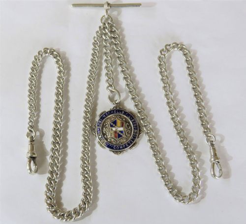 Antique Silver Double Pocket Watch Albert Chain