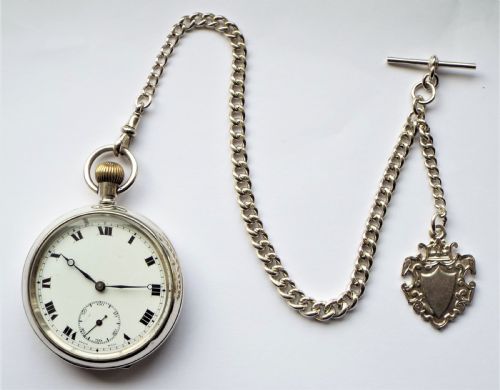 fig 1. 1920s Rival silver pocket watch and chain.