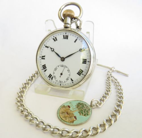1924 Silver Record Pocket Watch, Chain & Wells Fob