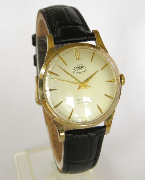 fig 1. Gents 9ct gold Enicar Ultrasonic wrist watch, 1956